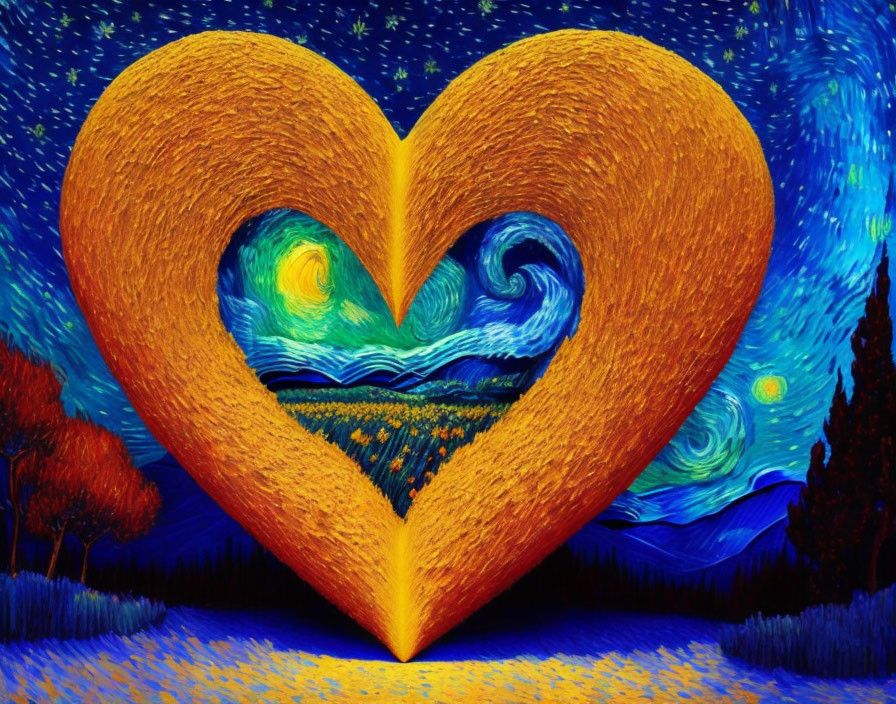 Heart-shaped frame painting with swirling night sky and fiery orange border