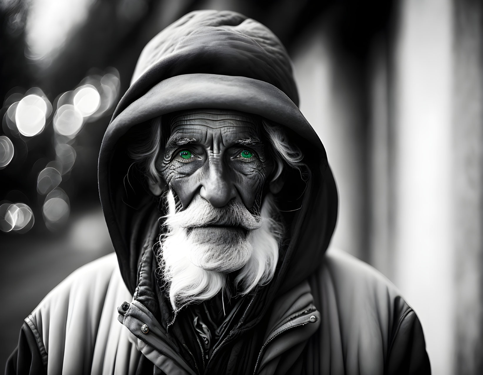 Elderly Person with Green Eyes in Hood and Jacket Portrait