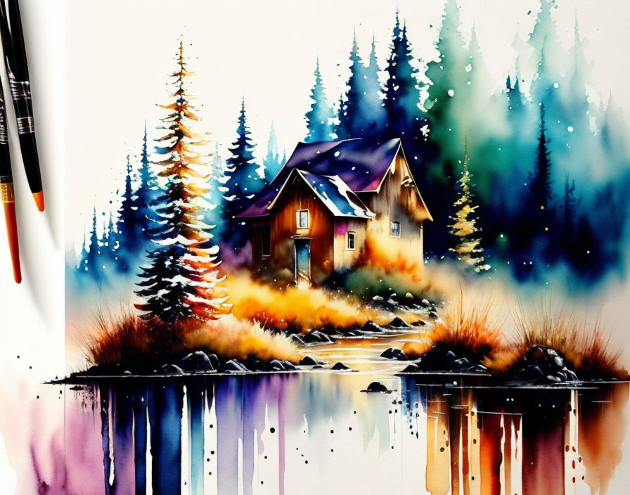 Autumnal trees and cozy cabin in vibrant watercolor art