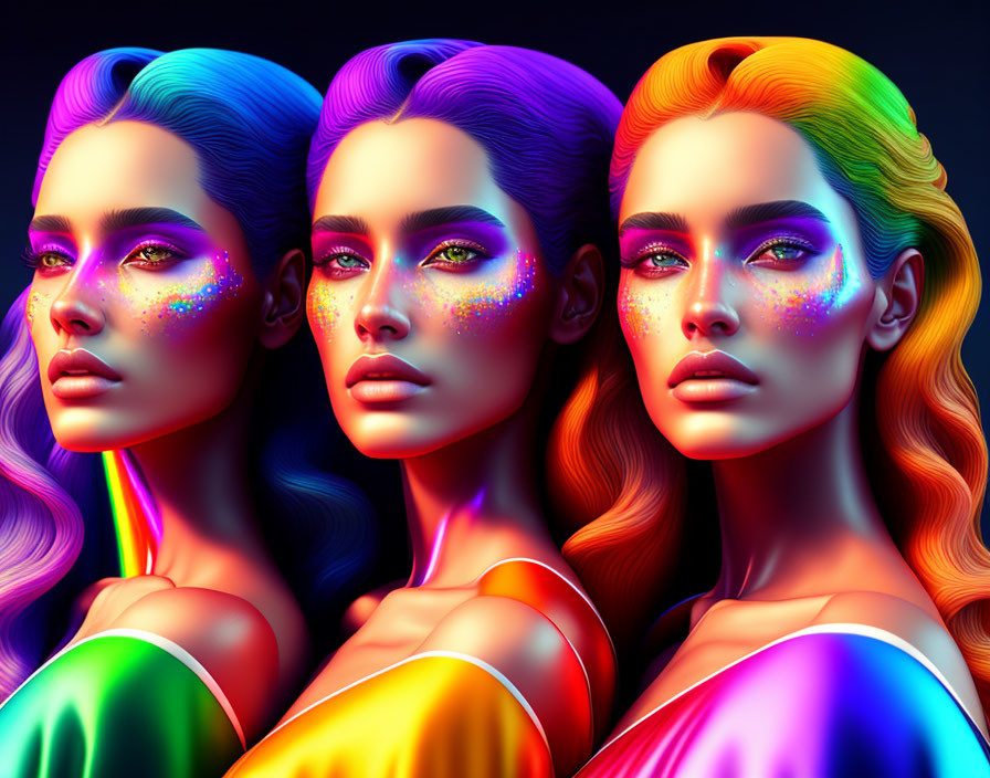 Vibrant Gradient Hair and Sparkling Makeup on Three Women