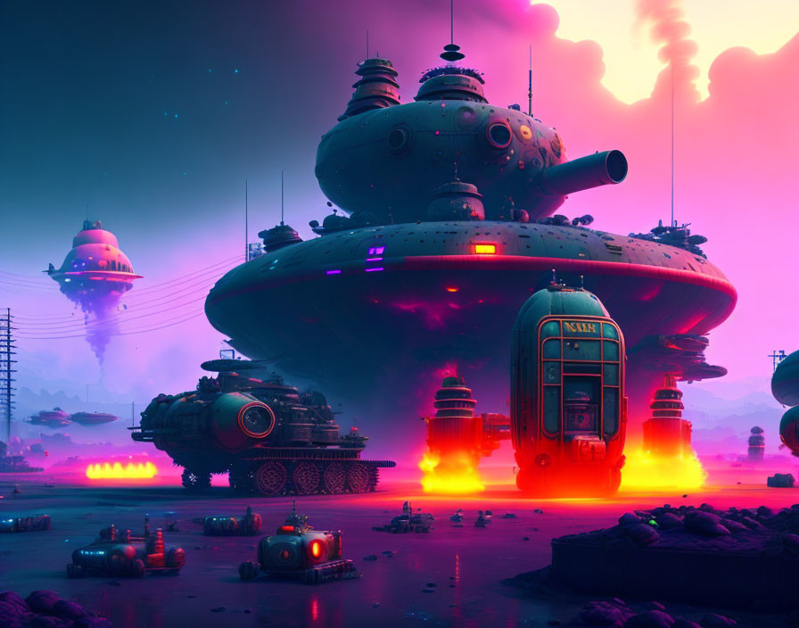 Alien landscape with levitating structures and spaceship in twilight.