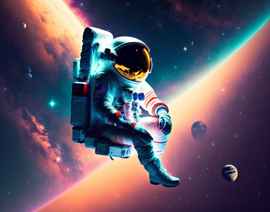 Astronaut floating in space with vivid nebula, planets, and bright star