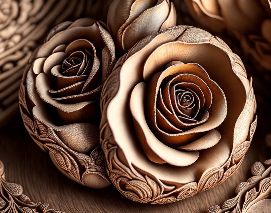 Intricately Carved Wooden Roses with Detailed Petals and Textures