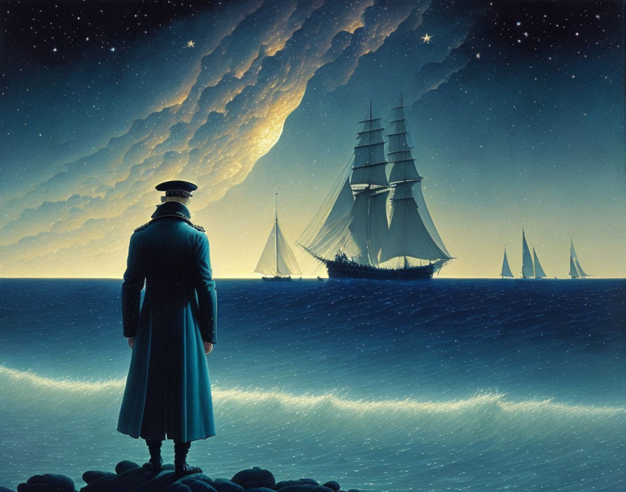 Person in coat and hat gazes at tall ships under starry sky by the sea