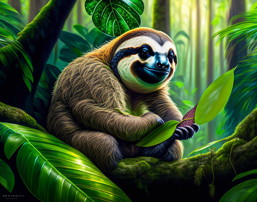 Vibrant sloth illustration with green leaf in lush jungle.