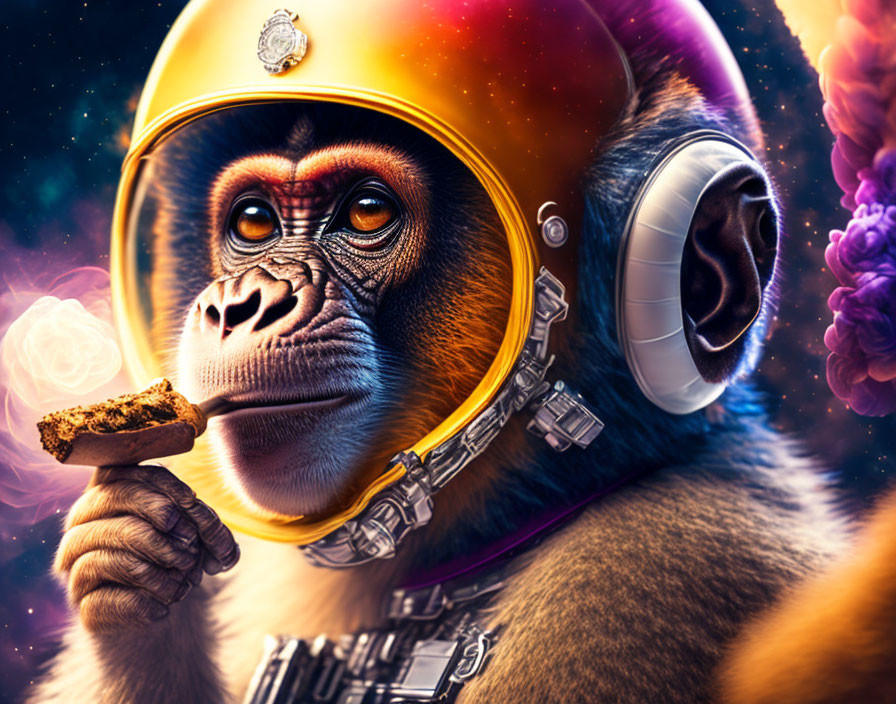 Colorful monkey astronaut with cookie in cosmic setting