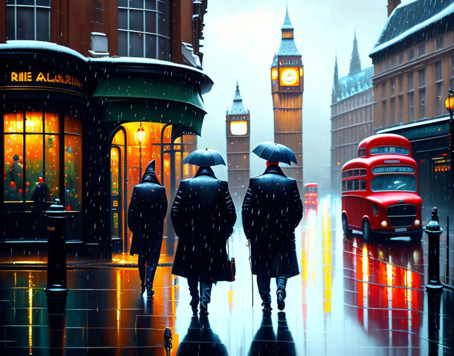 Three people with umbrellas on wet London street at dusk with snowfall, red bus and Big Ben