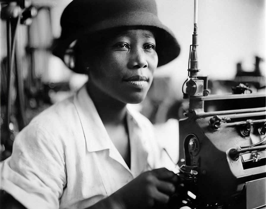 Black and white photo: Woman in hat and white shirt operating machinery