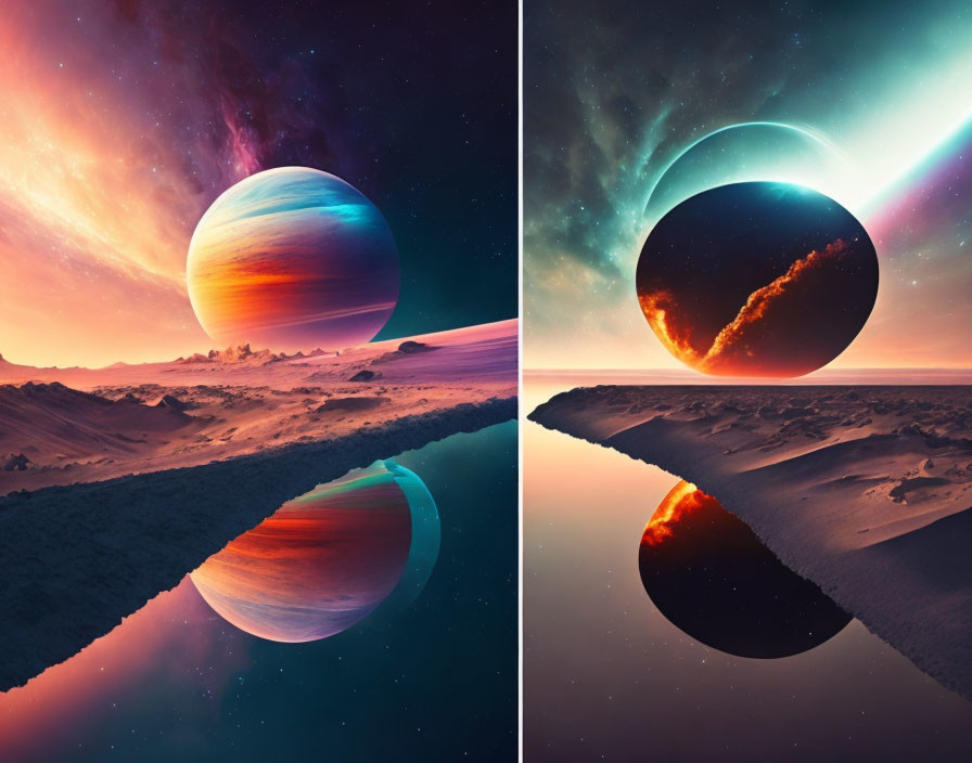 Surreal artwork: Vibrant planetary bodies reflected on water surface