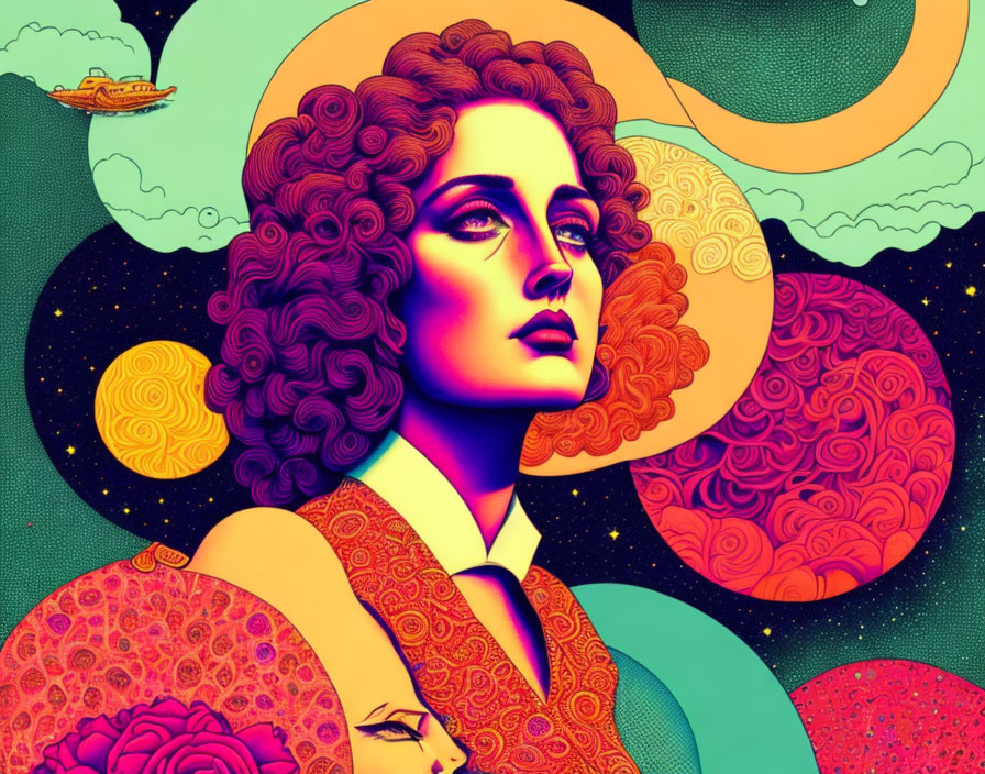 Colorful Psychedelic Illustration of Woman with Curly Hair