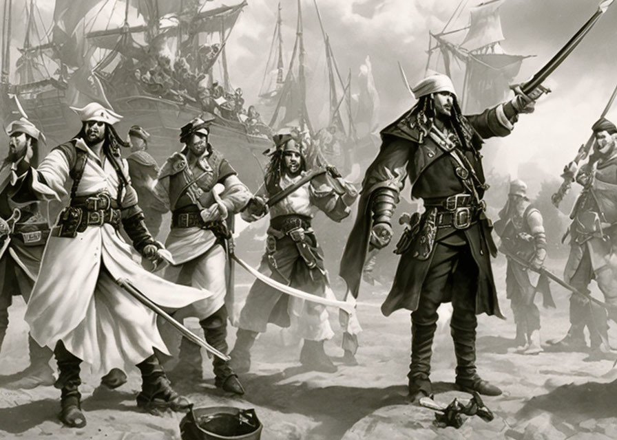 Monochrome pirate group with swords, pistols, and ships