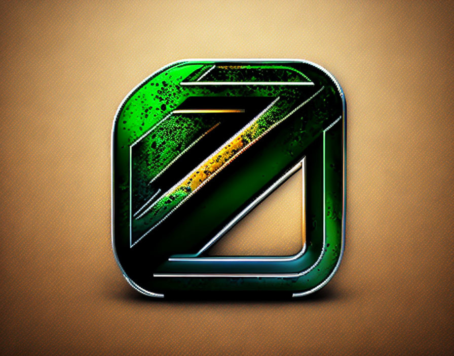 Green and Black Metallic App Icon with Arrow Design on Brown Background