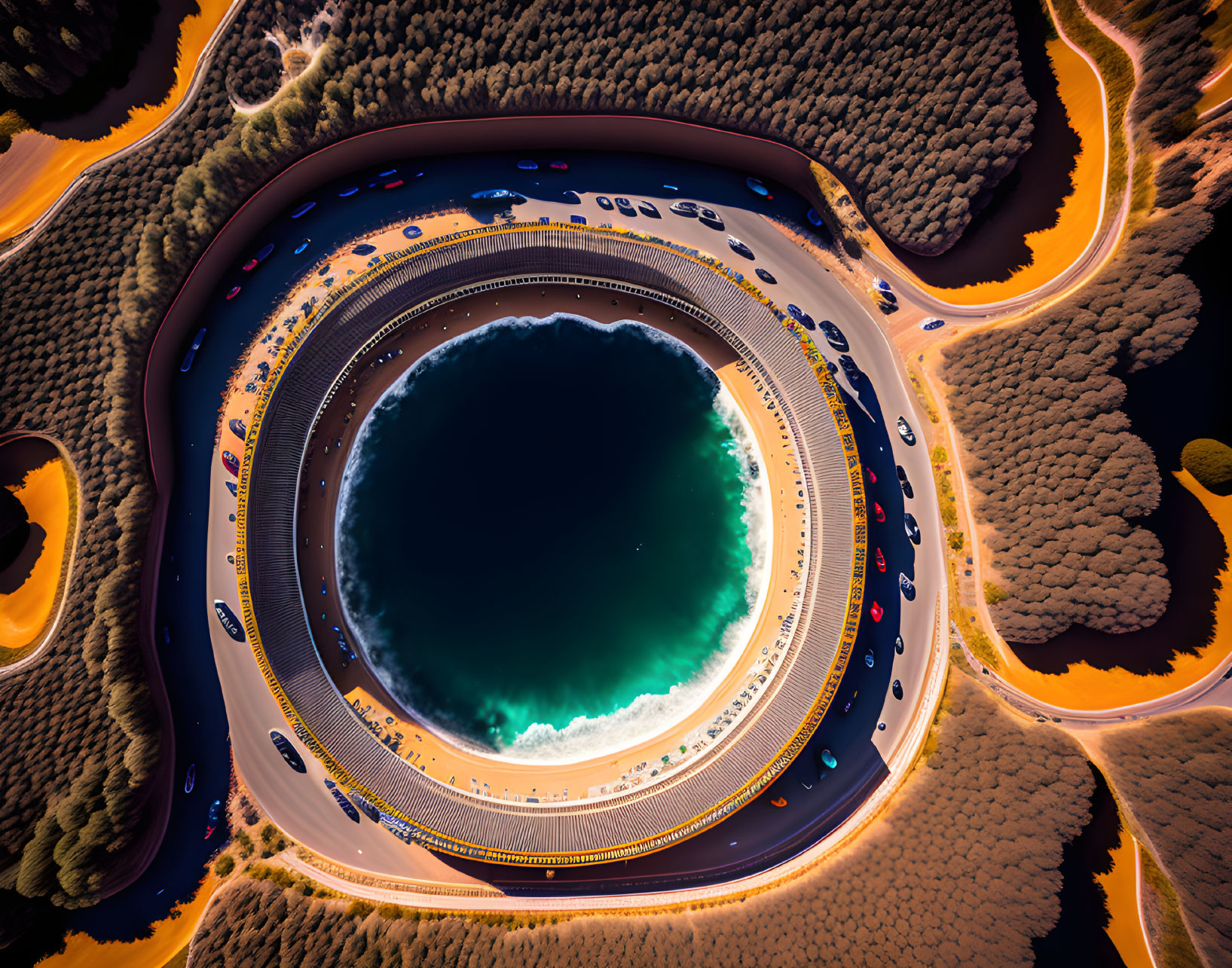 Circular Lake with Winding Road and Parked Cars in Forested Area