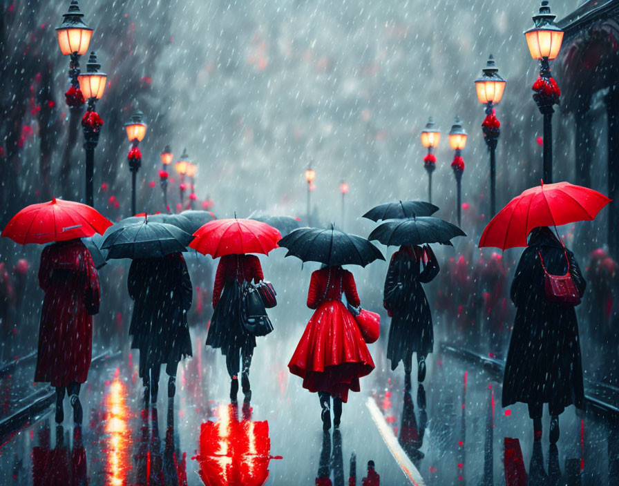 Rainy Street Scene with People Walking Under Umbrellas