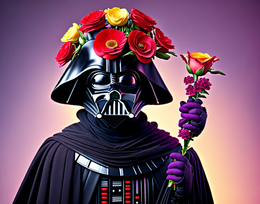 Sci-fi character adorned with flowers on purple backdrop.