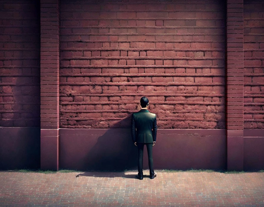 Businessperson in suit contemplating against brick wall with shadow.