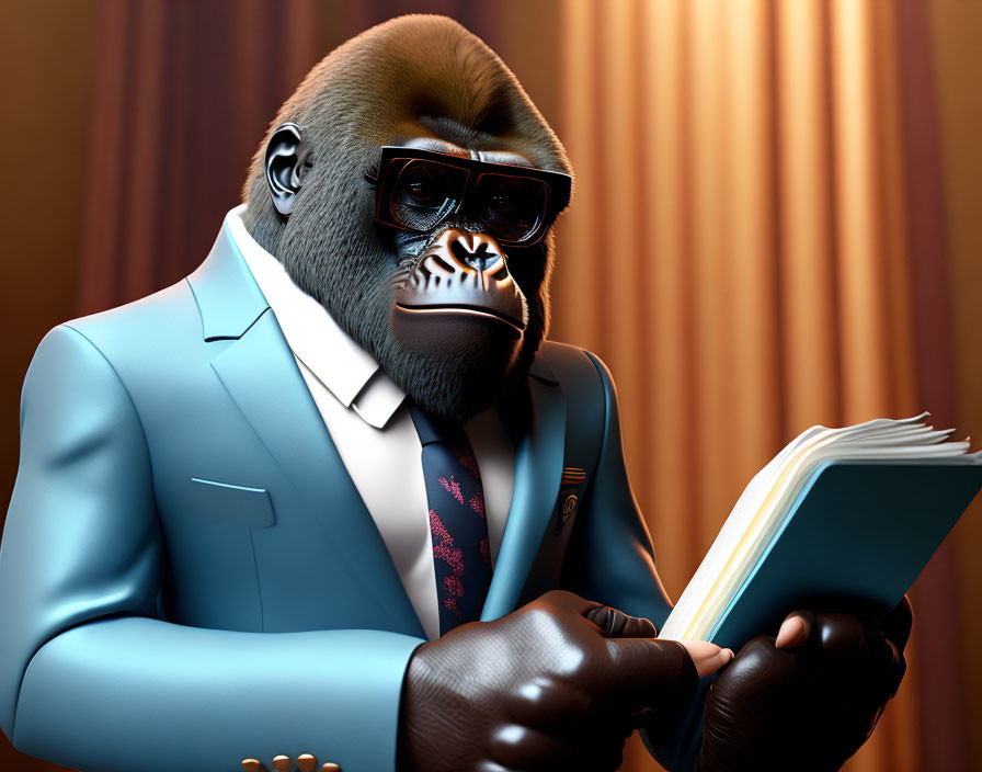 Stylized gorilla in blue suit reading book against warm background