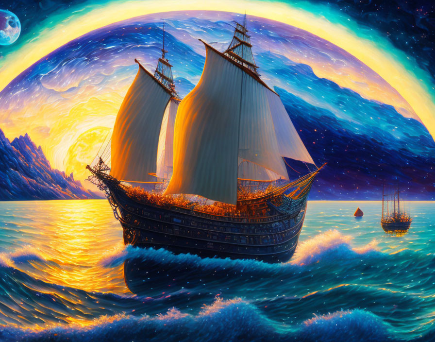 Vibrant painting of grand sailing ship on tumultuous blue waves