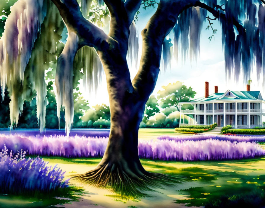 Stately house painting with moss-covered tree and vibrant flowers