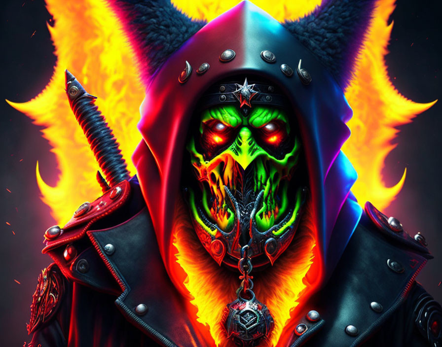 Skull with green flame eyes, studded leather outfit, fiery wings