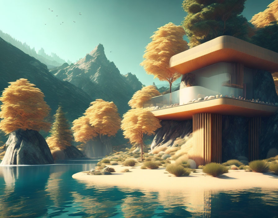 Circular Modern House on Stilts by Lakeshore with Golden Trees & Mountainous Backdrop