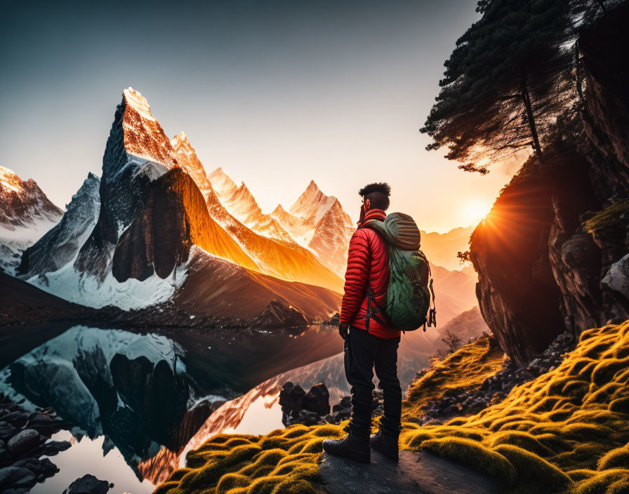 Hiker admires sunrise over snow-capped peaks and lake with moss.