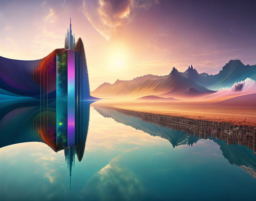 Mirrored surreal landscape: vibrant cliff meets desert mountains