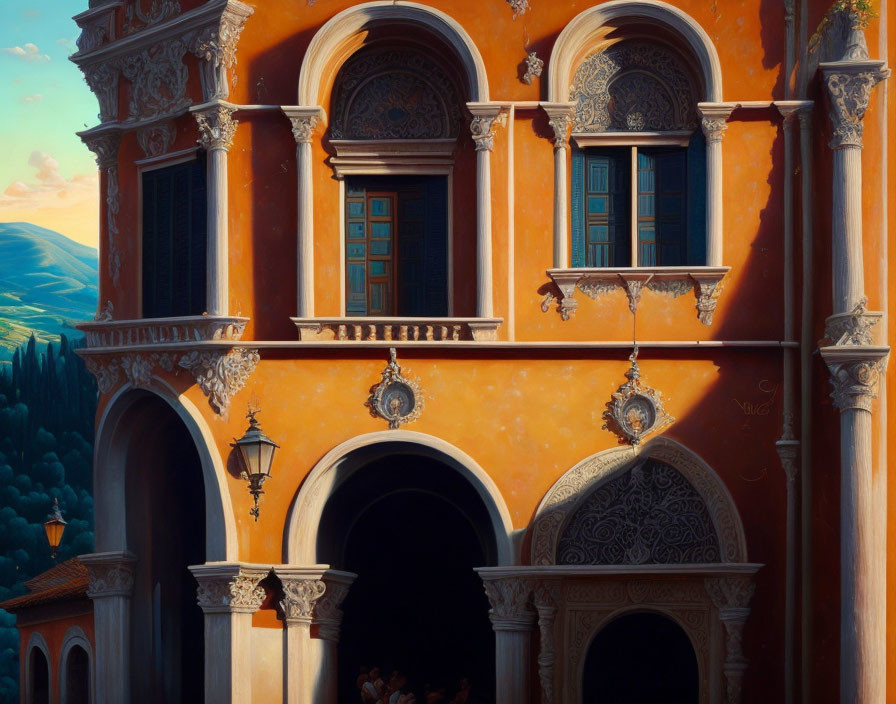 Ornate building facade with arched windows and balconies at sunrise or sunset