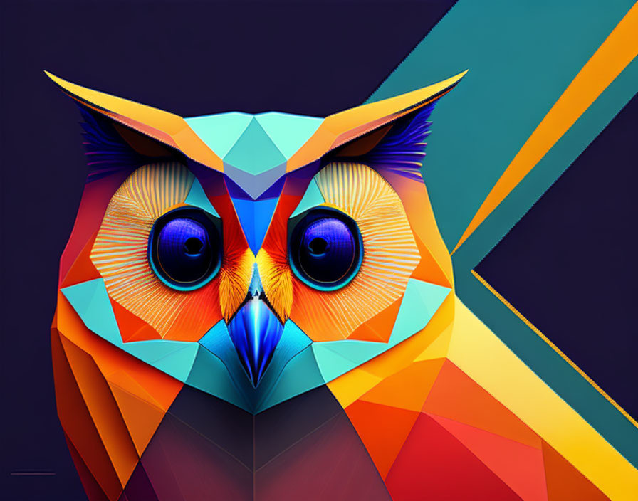 Colorful Geometric Owl Illustration with Large Blue Eyes on Dark Background