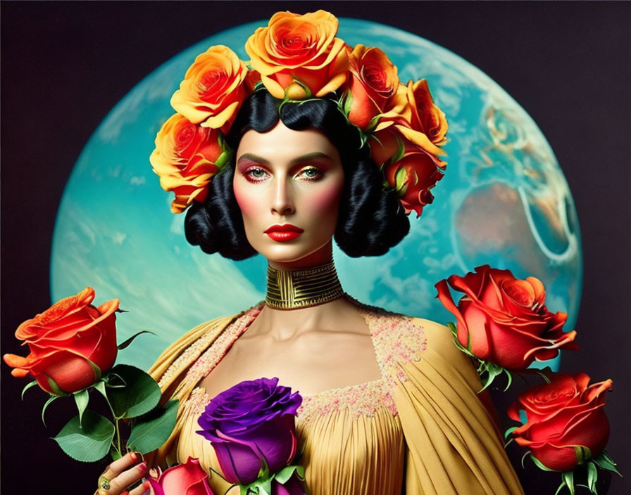 Stylized woman with red roses, gold choker, peach dress, and illustrated planet