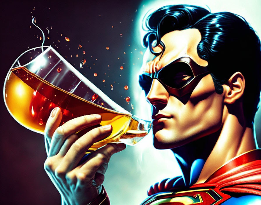 Vibrant Stylized Superman Artwork with Splashing Glass and Dynamic Lighting