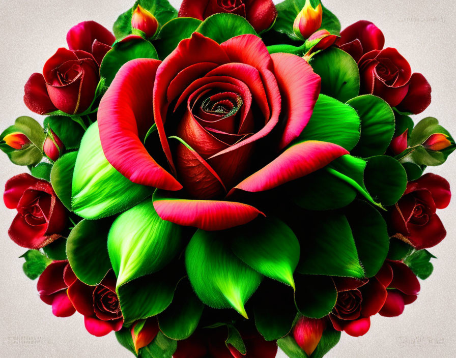 Colorful Rose Bouquet with Unique Red and Green Palette on Textured Beige Background