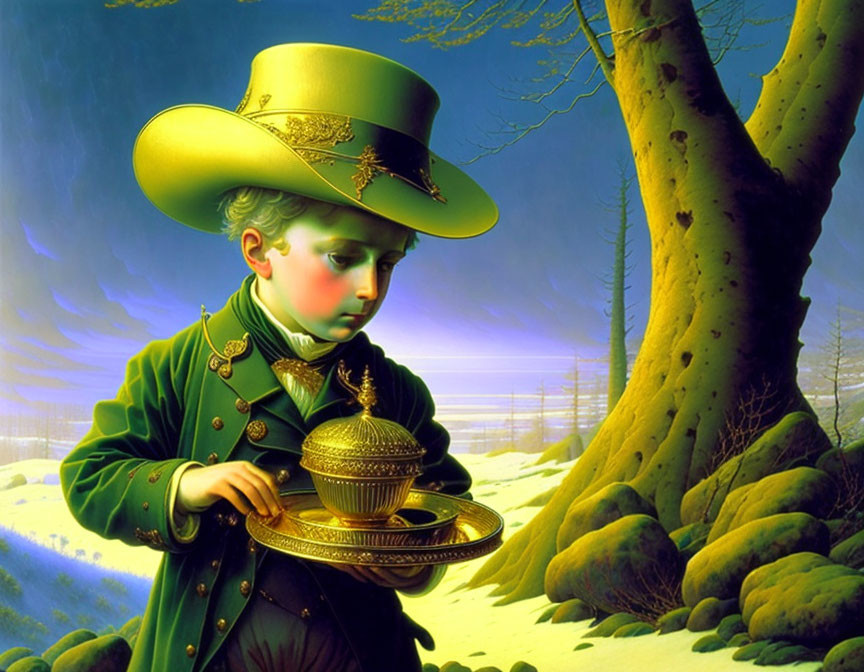 Young boy in green coat and oversized hat holding golden goblet against snowy landscape