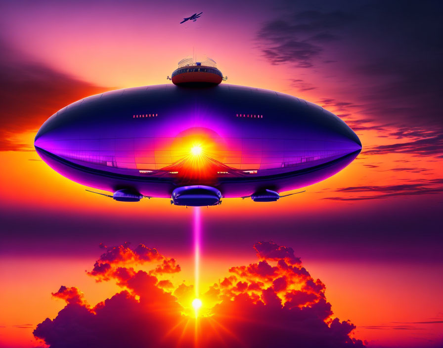 Futuristic blimp with underglow and jet flying over sunset clouds