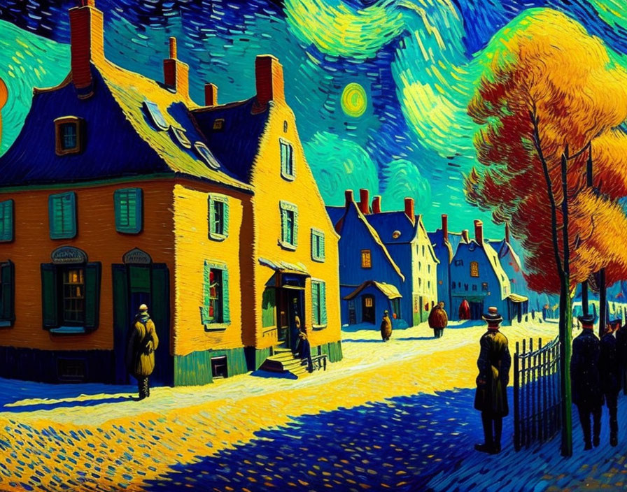 Post-Impressionist painting of starry night sky over colorful street