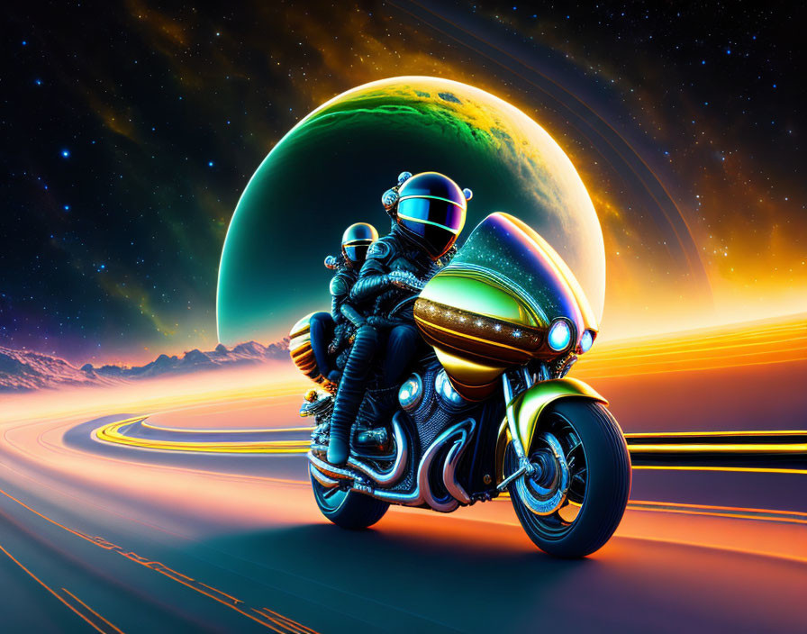 Futuristic astronaut on motorcycle rides cosmic road with vibrant planets.