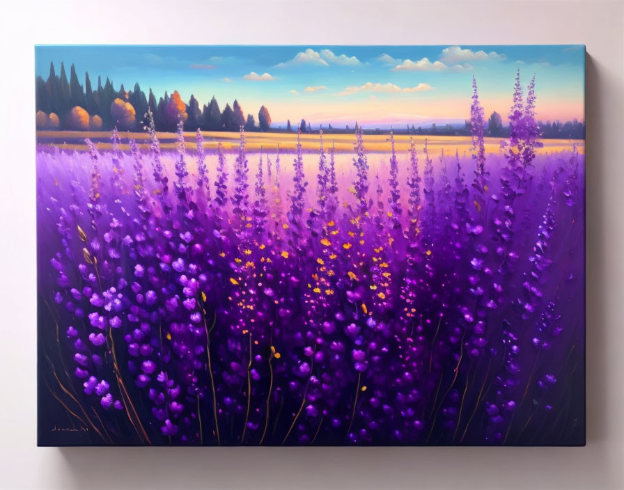 Purple Lavender Field Painting with Trees and Sunset Sky on Wall