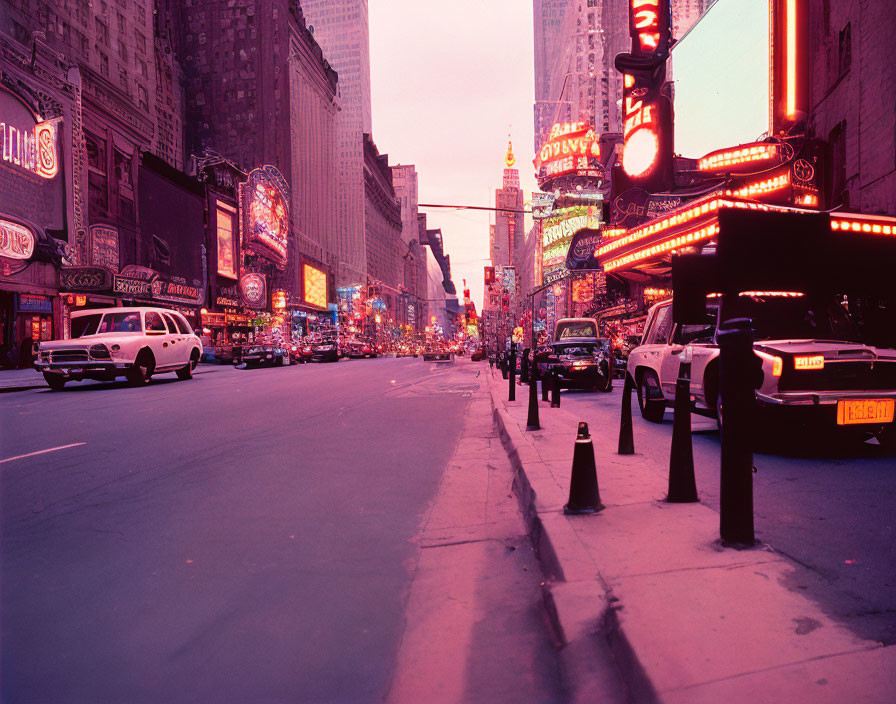 City Street at Dusk: Neon Signs, Parked Cars, Pinkish Sky