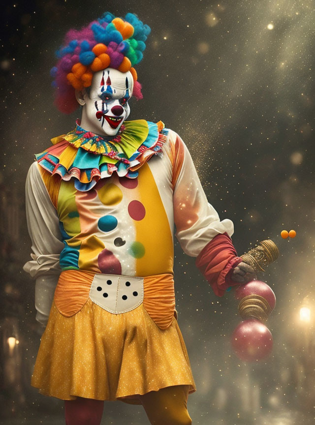 Colorful Clown Juggling Balls in Dreamy Golden-lit Setting