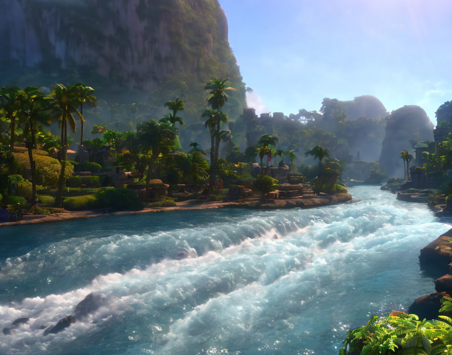 Scenic Tropical River Flows Through Lush Greenery