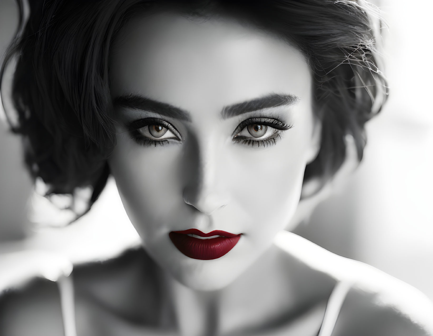 Monochrome portrait of woman with bold red lips and intense eyes