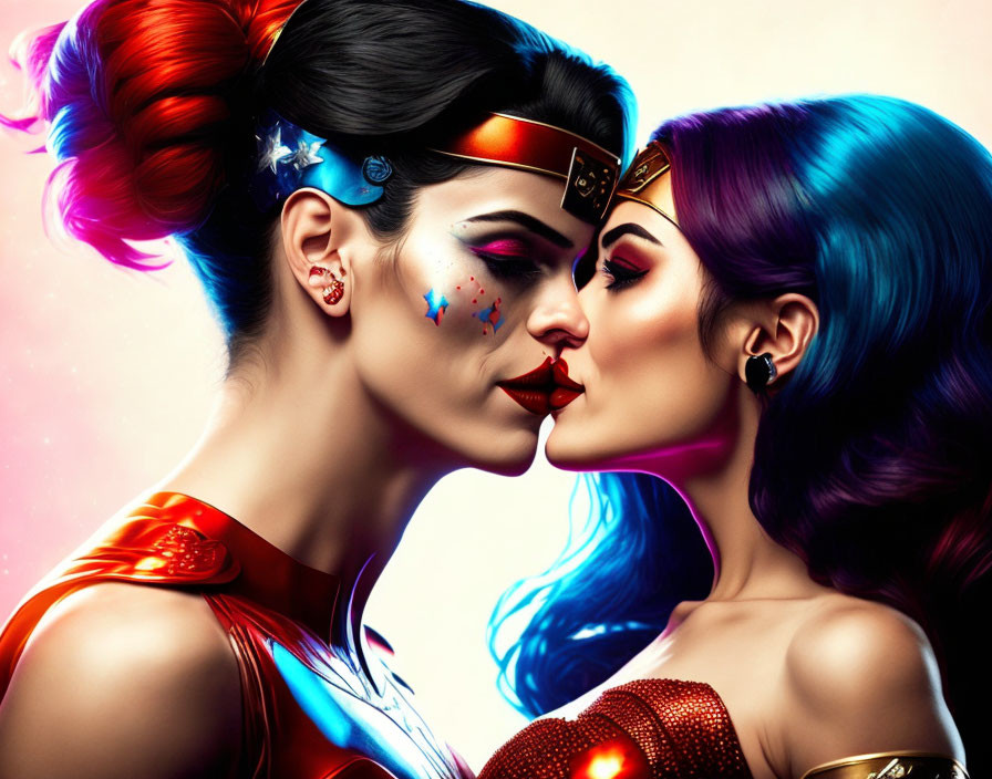 Stylized superhero women in close embrace with vibrant colors.