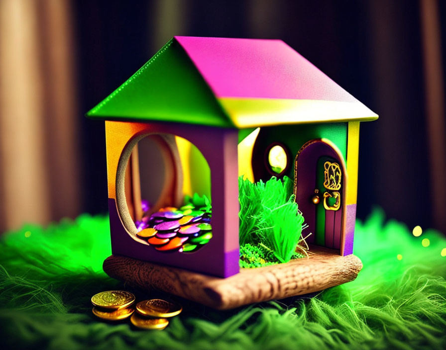 Colorful model house on green surface with gold coins, whimsical fairy-tale vibes