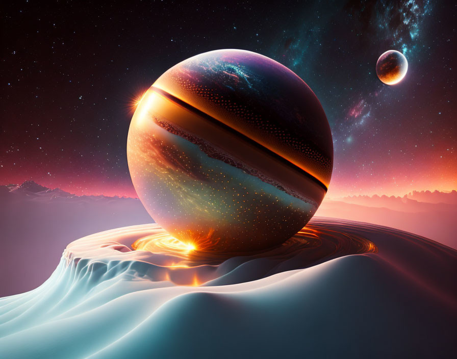 Surreal space landscape with large planets, alien icy terrain, and starry sky