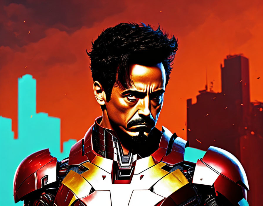 Male character in red and gold armor suit with goatee on city silhouette background.