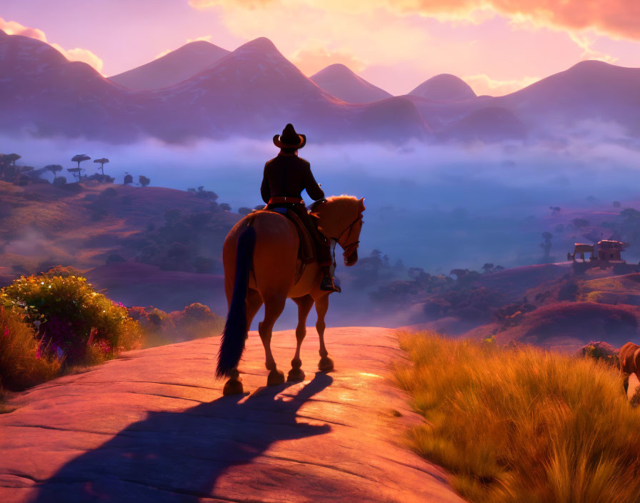 Cowboy riding horse at sunrise with misty valley and vibrant colors.