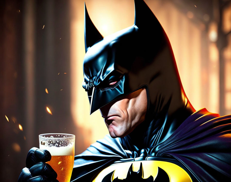 Person in Batman costume holding beer glass in pensive expression