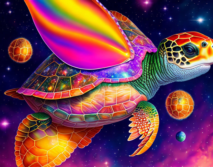 Colorful Cosmic Turtle with Rainbow Shell in Starry Space Scene