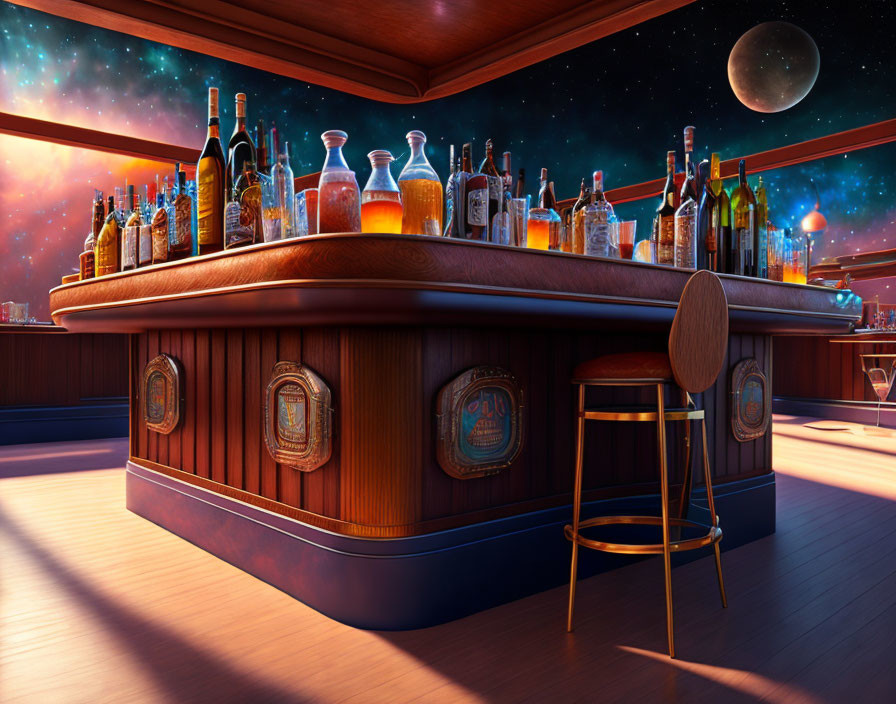 Intimate bar with wooden counter, bottles, under starry night sky