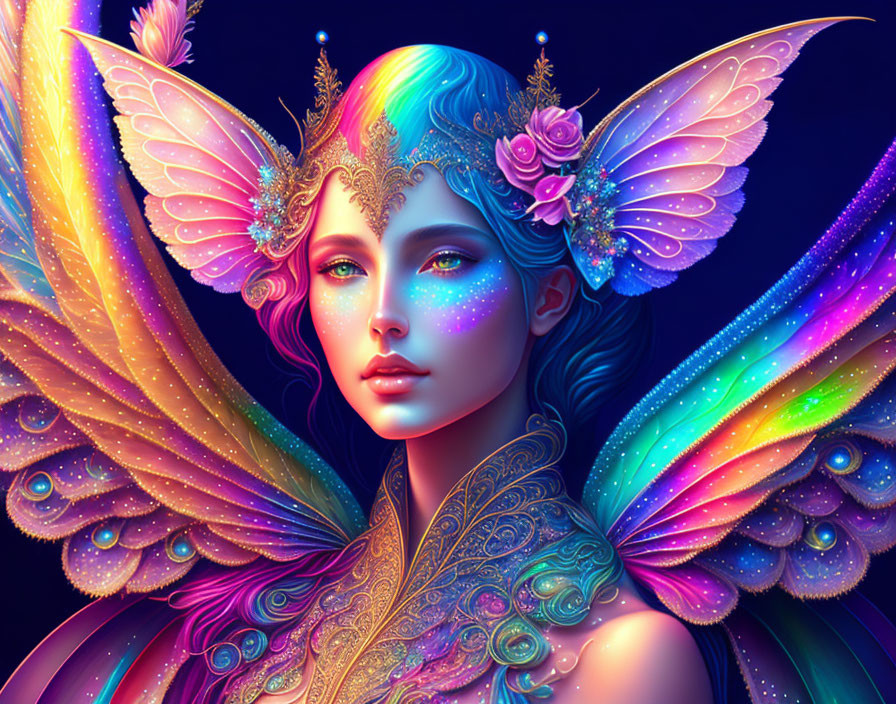 Fantasy fairy with iridescent wings and ornate headgear in vibrant illustration